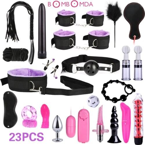 BDSM Bondage Set Sex Toys for Adults Couple Whip Handcuffs Ankle Cuffs Anal Plug Vibrator Gag Blindfold Rope Accessories Erotic
