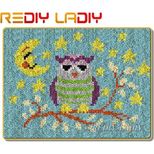 Latch Hook Rug Kits Crocheting Carpet Rug Moon with Owl Acrylic Yarn Pre-Printed Canvas Cushion Mat DIY Crochet Tapestry Crafts
