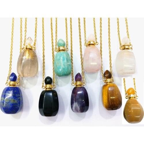 Natural faceted lapis lazuli yellow agates amazonite tiger eye gems stone Perfume Bottle Pendant Essential Oil Diffuser Necklace