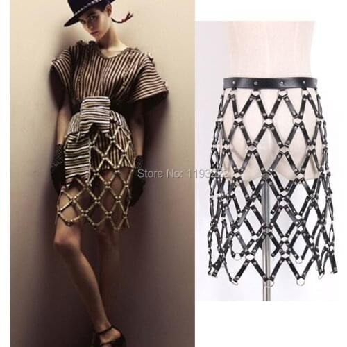Sexy Cool Street Caged Weave Round Plaid Shaping Shaper Leather Women Skirt Harness Skirts Chain Dress Belt
