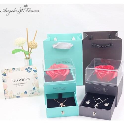 Preserved Flower Transparent Acrylic Box+Soap Flower+Gift Bag Jewelry Storage Box Wedding Party Birthday Valentines Day Gifts