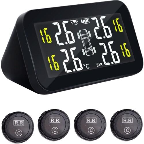 Car TPMS Solar Wireless Tire Pressure Monitor Monitoring System HD Digital LCD Display Auto Alarm System With 4 Internal Sensor