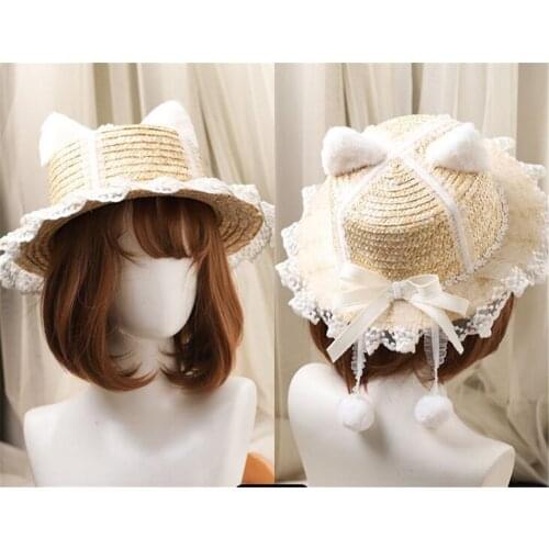Mori Girl Wedding Lace Bow Straw Hat Kawaii Cat Ears Cap Vintage Lolita Handmade Sun Hat B1323
