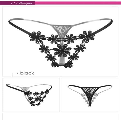 Sexy Lingerie Thong Women Massage Pearl Underwear Thong Hollow Low Waist Sexy Young Girl Hot T Pants Embroidered Lace Panties