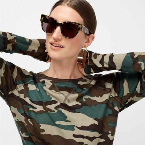 Streetstyle 100% Merino Wool Camouflage Print Jumper Pullover Crewneck Long Sleeve Military Camo Raglan Crop Sweater Knitwear