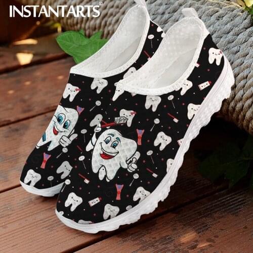 INSTANTARTS Lovely Tooth Brother Cartoon Pattern Women Slip-on Flat Shoes Summer Comfort Mesh Sneaker Femme Non-Slip Zapatillas
