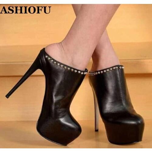 ASHIOFU New Hot Sexy Handmade High Heels Pumps Slingback Rivets Spikes Party Prom Platform Shoes Round-toe Evening Fashion Shoes