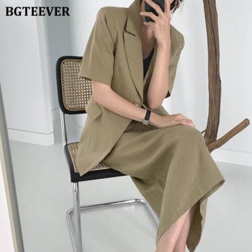 BGTEEVER Chic Ladies 2 Pieces Skirt Suits Single Button Short Sleeve Jacket & Elastic Waist Straight Skirt 2021 Summer