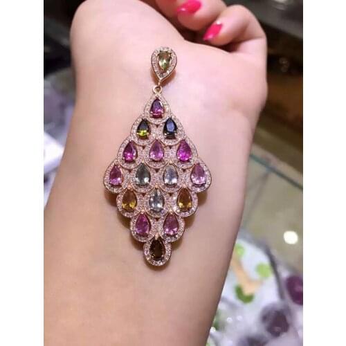 Natural Multicolor tourmaline Pendant natural gemstone Elegant Peacock tail Feather pendant necklace S925 silver Women jewelery