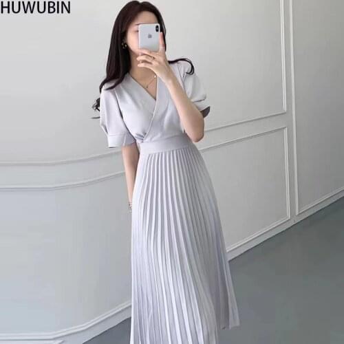 South Korea New Style Elegant Light Mature Thin V-Neck Cross Design Waist Length Short Sleeve Pleated Avant-garde Fashion Dress