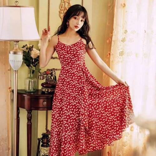 Woman Dress Summer Strap Floral Dress Summer Red V-neck Chiffon Dress Vestido De Mujer