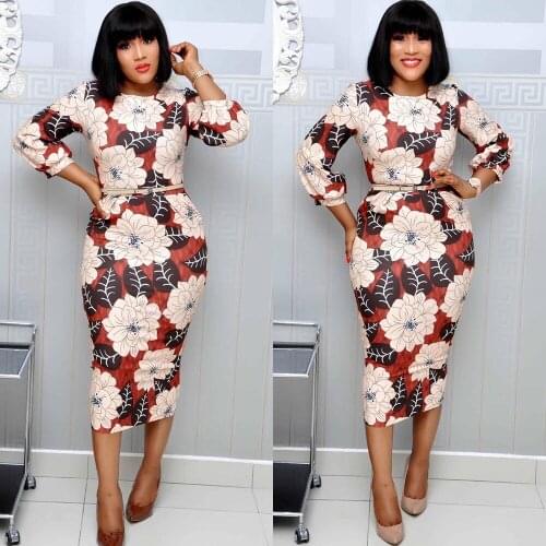 Flowers Design Dresses For Women Round Collar Long Sleeve Slim Wrap Hip Dress Daily Wear 2021 African Vestidos Printing