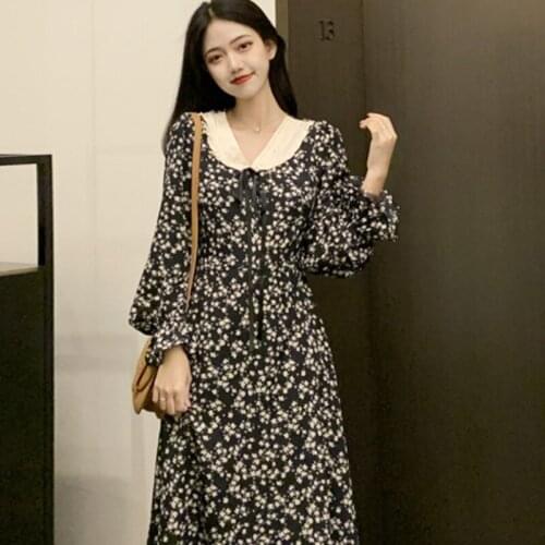 Woman Dress Autumn 2021 New Style Korean Fashion Elegant Printing Lapel Long-sleeved Retro Floral Long Dresses for Women