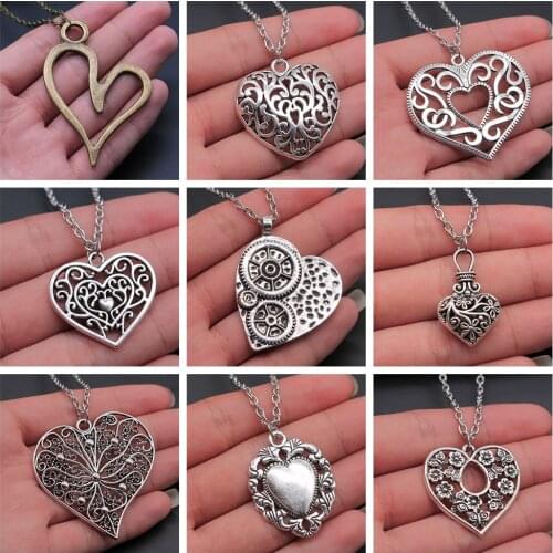3D Hollow Heart Pendant Necklace Vintage Antique Silver Color Carved Heart Pendant Necklace For Women Long Metal Chain Necklace