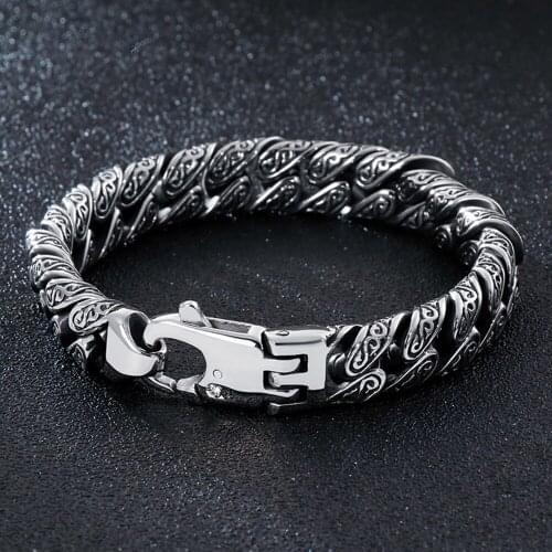Punk Vintage Hiphop Curb Cuban Chain Bracelets Men Stainless Steel Mysterious Symbol Charm Bike Pulseira Masculina Heavy Jewelry
