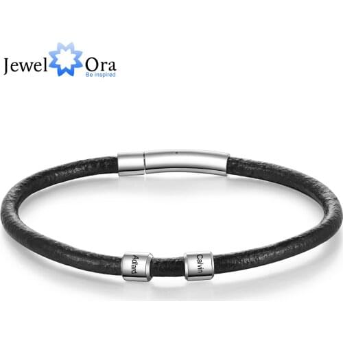 JewelOra Customized Family Name Beads Charm Bracelets Personalized Stainless Steel Leather Bracelets for Men Retro Jewelry