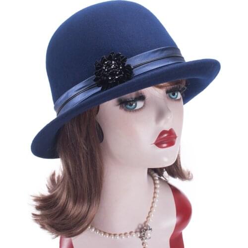 Lawliet Up Turn Navy Womens Downton Abbey Style Cloche Bucket Wool Felt Winter Hat T411