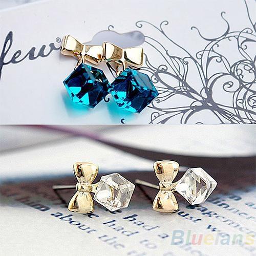 FashionWomen Shimmer Chic Bowknot Shiny Cube Rhinestone Ear Studs Cute Earrings