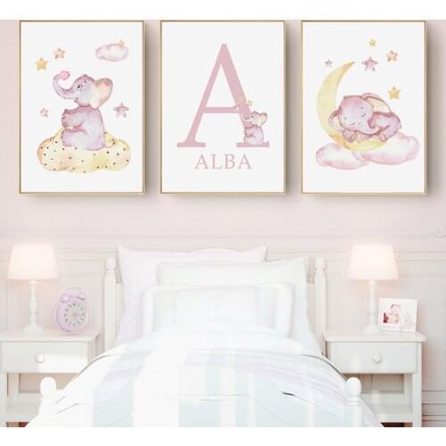 Cartoon Pink Elephant Moon Stars Babys Name Boy Custom Posters Nursery Canvas Painting Wall Art Print Pictures Kids Room Decor