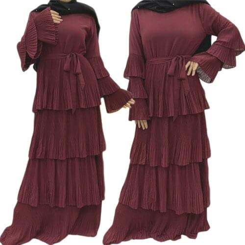 Muslim Abaya Pleated Ruffle Long Dress Women Tiered Layered Dress Flare Sleeve Floor Length Party Maxi Robe Dubai Middle East