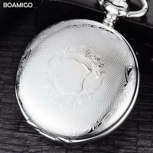 FOB men pocket watches luxury mechanical watch BOAMIGO brand skeleton roman number watches silver chain gift clock reloj hombre