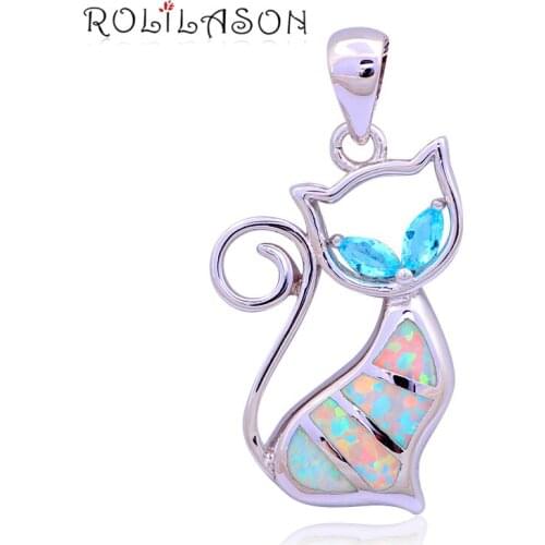Hotselling Wholesale Retail Birthday gifts White cat Fire Opal Silver Stamped Fashion jewelry Necklaces Pendants OP449
