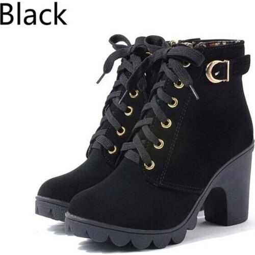 New Autumn Winter Women Ankle Boots High Quality Solid Lace-Up European Ladies Shoes PU Fashion High Heels Boots