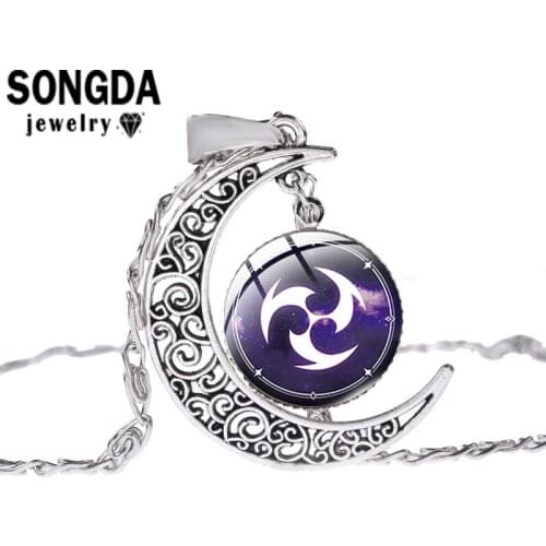 SONGDA Genshin Impact Art Pattern Moon Shape Necklaces Convex Dome Glass Surface Charm Pendant Women Neck Daily Jewelry Trinkets