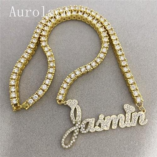 AurolaCo CZ Diamond Name Necklace Personality Stainless Steel Gold Nameplate Pendant Necklace Jewelry Wedding Gift