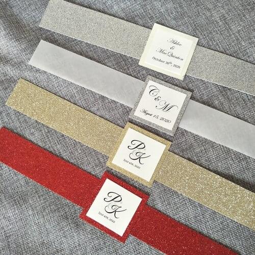 50X Invitation Belly Band Personalized Print Wedding Card Tag and Wrap, Red Gold Silver Champagne Vellum Bling Invites