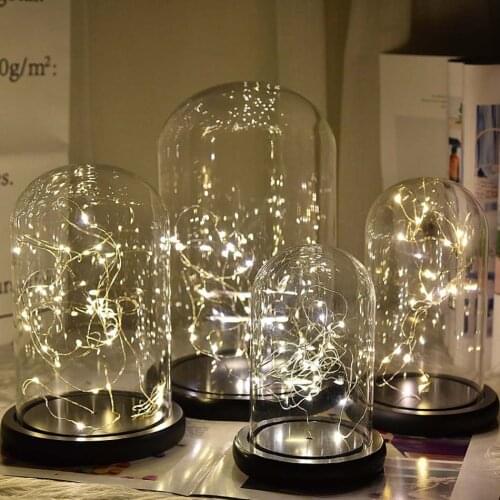 Transparent Glass Cover Flowers Cake LED Lights Display Dome Cloche with Wooden Base for Home Shop Wedding Decoration