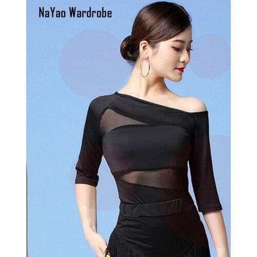One Side Bare Shoulder Half Sleeve Latin Dance Tops Stage Performance Dancing Costume Women Latin Dance Dress L55-2
