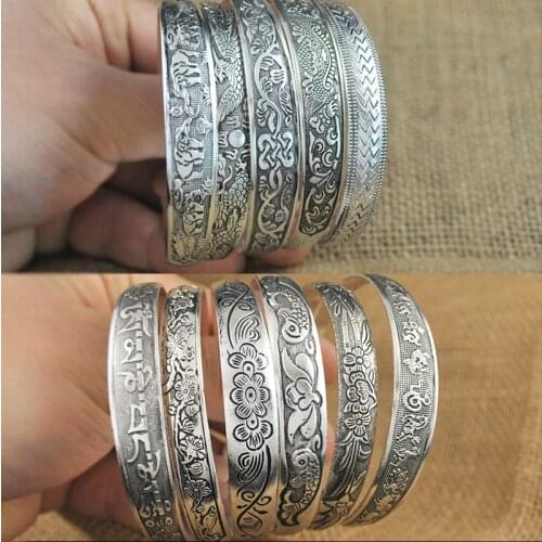 Antique silver hand ornaments, antique carved opening womens Dragon Phoenix bracelet, bohemian national style jewelry wholesale