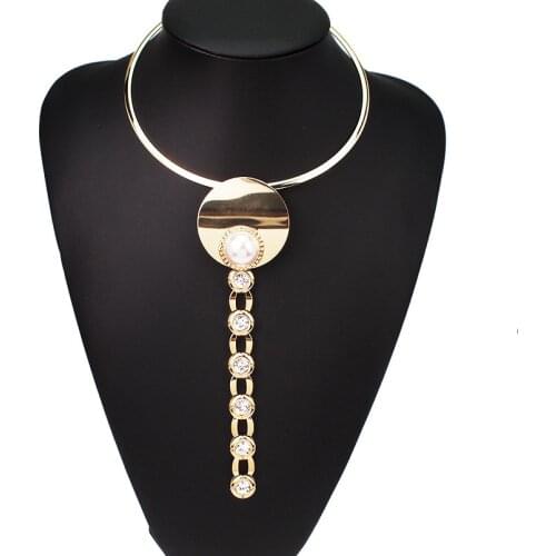 Women Torques Imitation Pearl Choker Necklaces Punk Alloy Statement Pendant Necklace Jewelry Golden Silver Color UKEN