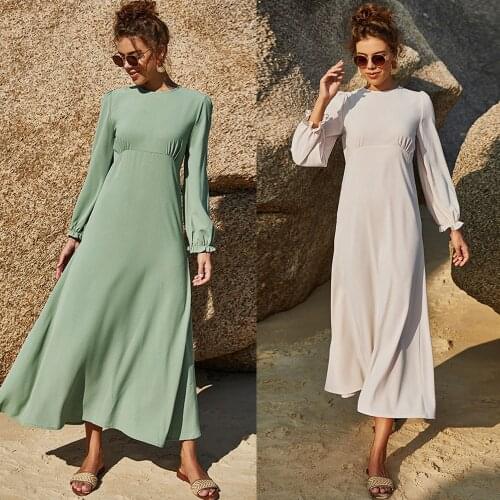 Muslim Casual Women Chiffon Maxi Dress Long Sleeve Arab Abaya Islamic Clothing Ramadan Kaftan Dubai Robe Loose Gown Solid Color