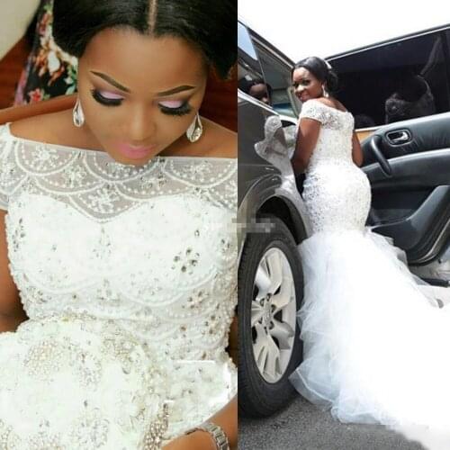 Plus Size Arabic Nigerian Wedding Dresses Beading Short Sleeves Chapel Train Tulle Mermaid Bridal Gowns Vestido de Noivas