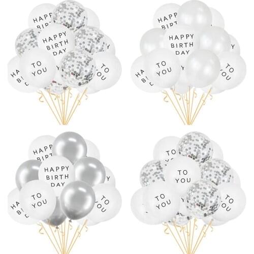 10/15pcs 12inch Happy Birthday To You Printed Latex Balloon White Silver Confetti Balloons For Birthday Party Baby Shower Decor