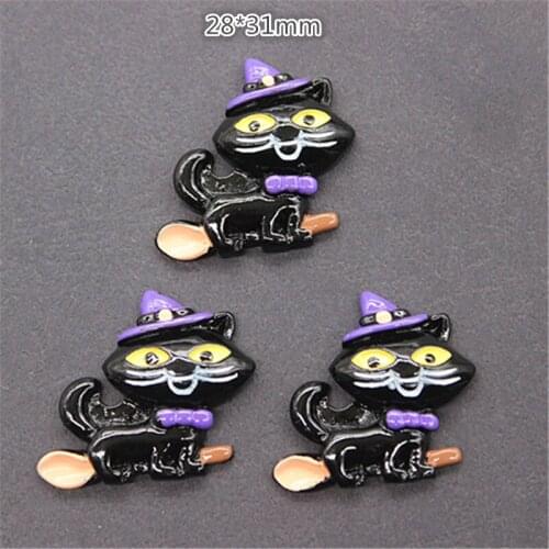 10pcs Resin Halloween Flatback Cabochon Black Cat with Hat Miniature Art Supply Decoration Charm Craft,28*31mm