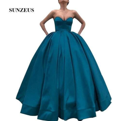 Ball Gown Evening Dresses Blue Satin Long Formal Gowns Sweetheart Strapless Elegant Party Dress For Women
