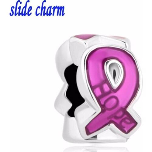 Slide charm Free shipping Valentines Day gift fashion purple ribbon breast cancer care enamel charm beads fit Pandora bracelet