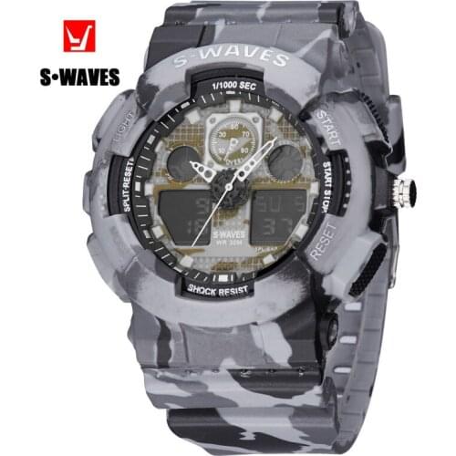 Swaves brand outdoor sports mens watch shockproof LCD dual display 30m waterproof tape electronic quartz watch