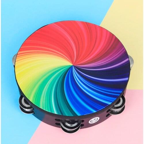 8 Inch Rainbow Tambourine Wooden Handbell Early Education Percussion Instrument with Double Row Jingles