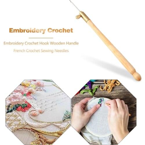 French Type Hook Flower Cross Stitch Embroidery Crochet Kit Solid Wood Handle Reverse Beaded Sequin Embroidery Sewing Needles