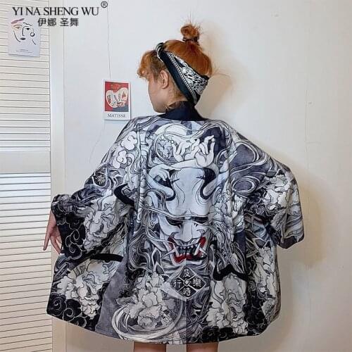 Japanese Style Demon Print Cardigan Kimono Harajuku Anime Women Men Cosplay Yukata Female Streetwear Traditional Haori Coat