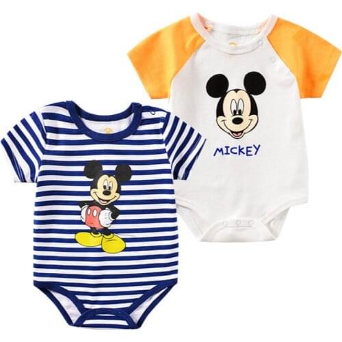 Newborn Baby Romper Cartoon Mickey Print Stripe Baby Boy Girl Jumpsuit Infant Costume Cotton Toddler Short Sleeve Clothes