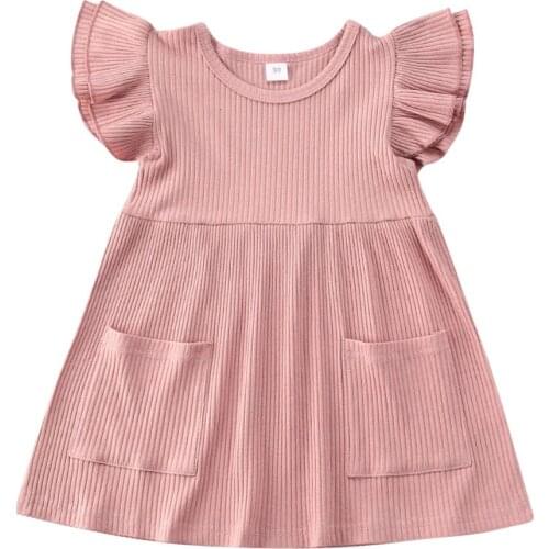Cute Toddler Baby Girls Holiday Dress Solid Ruffles Sleeve Pocket Knee Length Dress 1-4Y