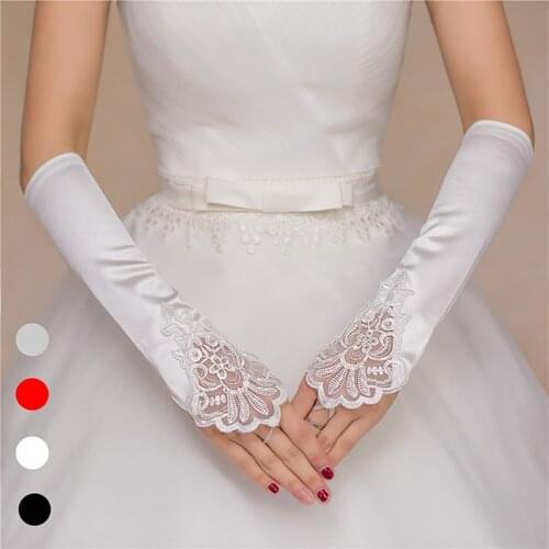 Fashion Black White Bride Accessories Glove Fingerless Pearl Satin Rhinestone Lace Prom Glove White Black