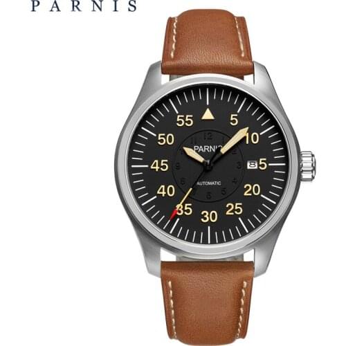 Parnis 44mm Automatic Mechanical Mens Watch Leather Strap Miyota Movement Luminous Waterproof Military Calendar Wristwatch Men