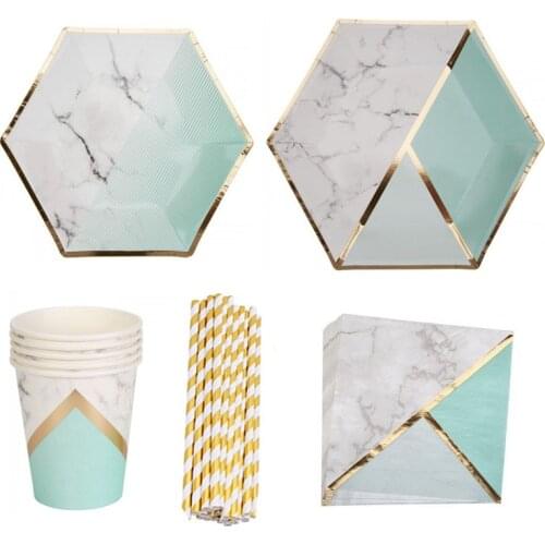 16SET Peach Mint Gold Disposable Tableware Paper Plates Cups Napkins Party Supplies Wedding Kids Birthday Pool Party Decorations