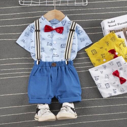 Baby boy clothes two-piece summer cartoon short-sleeve overalls boy bow tie shirt suit gentleman for newborn baby baby boy suit
